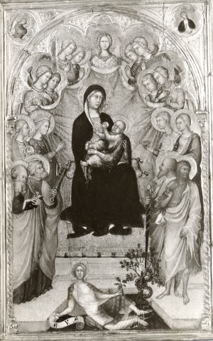 Anonimo — Paolo di Giovanni Fei - sec. XIV/ XV - Madonna con Bambino in trono, santi, angeli e Eva — insieme